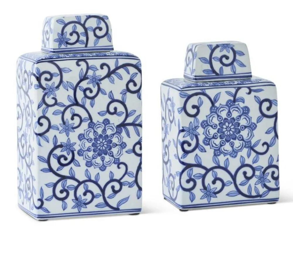 K & K Interiors Chinoiserie Lidded Jar - Blue and White Jar