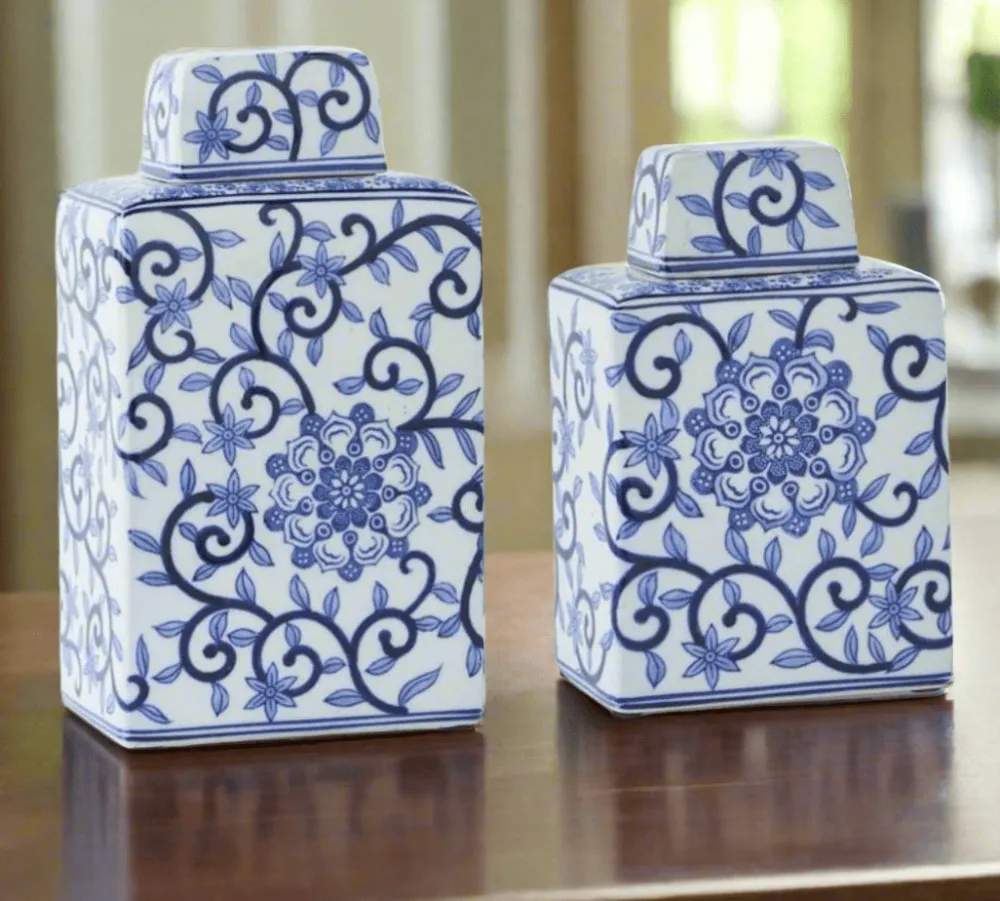 K & K Interiors Chinoiserie Lidded Jar - Blue and White Jar