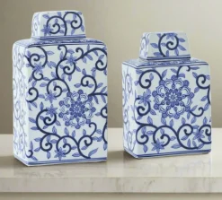 K & K Interiors Chinoiserie Lidded Jar - Blue and White Jar
